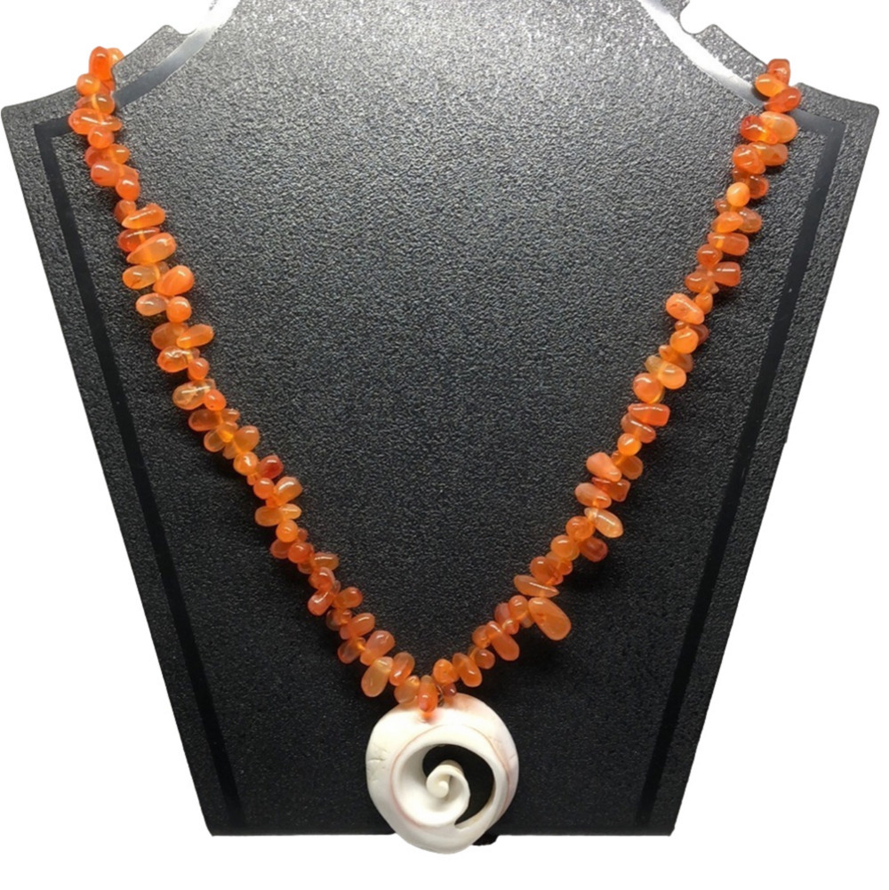 VINTAGE artisan carnelian bead sea shell pendant necklace sterling silver clasp